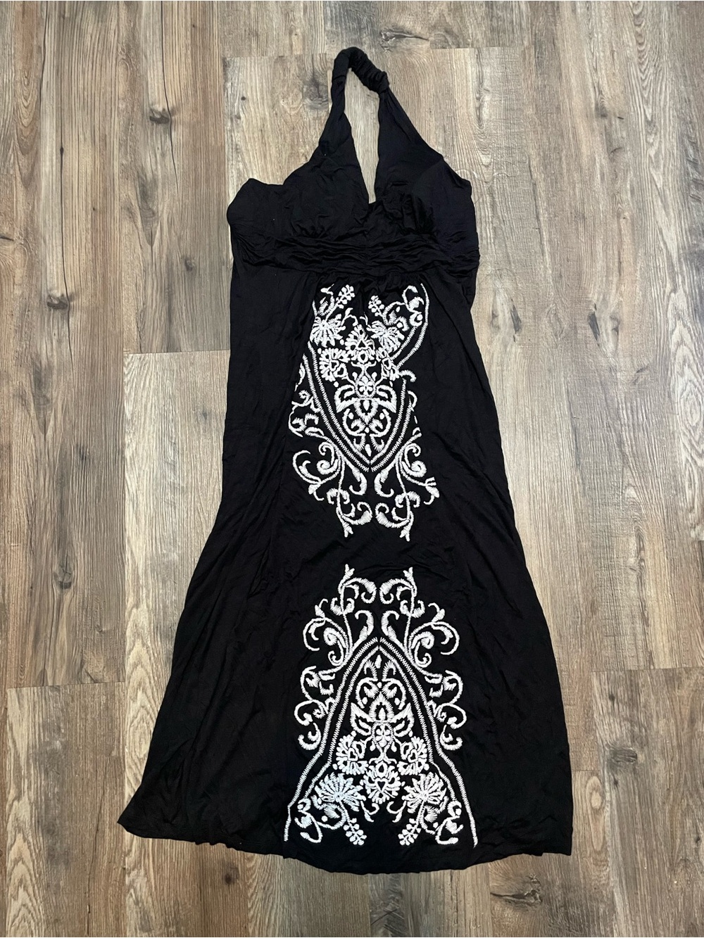 Envogue Black Halter Maxi Dress with White Embroidered Front